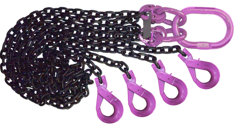 Heavy Duty Recovery Chains with purple hooks and black chain slings on wooden surface and American flag background