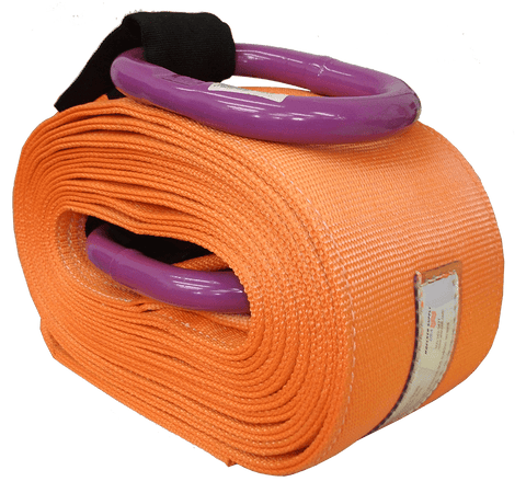 Heavy Duty Nylon Recovery Strap in bright orange with purple metal hooks for durable towing