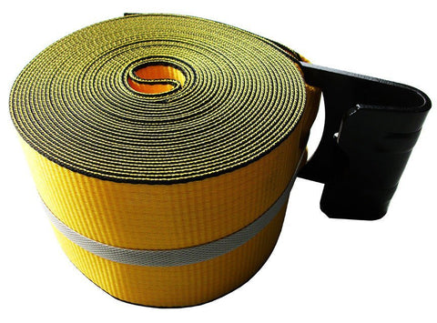 Kinedyne 4 inch Winch Strap with Flat Hook in yellow heavy-duty webbing coiled tightly