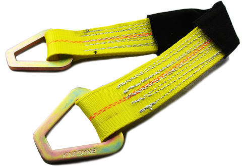 Wrecker Supply USA yellow axle strap with protective sleeve and metal hooks for securing loads