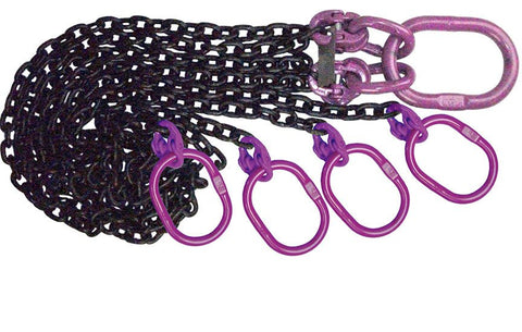Durable chain sling for wrecker service with four purple hooks for secure towing and lifting
