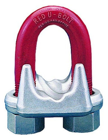 Crosby forged wire rope clamp with red U-bolt and silver base for secure wire rope fastening