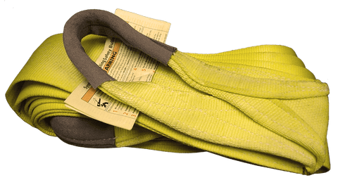 Wrecker Supply USA yellow rollover recovery straps with protective loop covers and warning labels