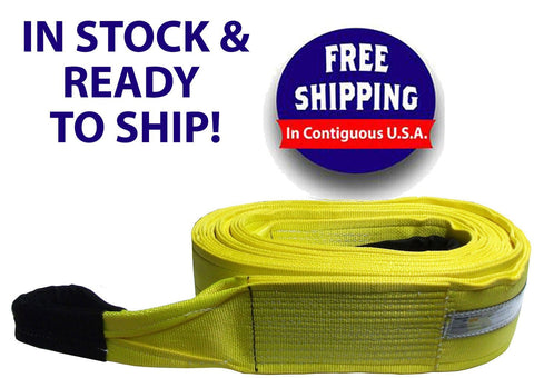 Wrecker Supply USA high strength vehicle recovery strap in yellow with reinforced loops and free shipping