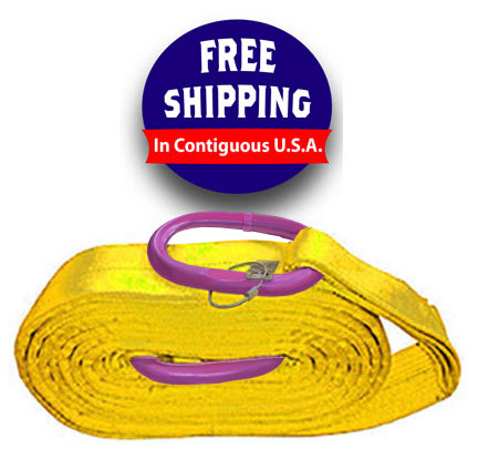 Polyester Recovery Strap with Steel Rings by Wrecker Supply USA in yellow with purple rings and free shipping badge