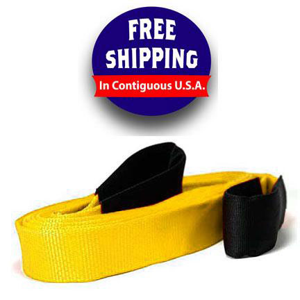 Yellow polyester recovery strap with black reinforced loops from Wrecker Supply USA