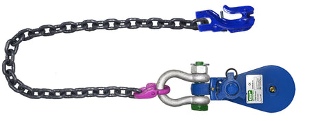 Wrecker Supply USA Snatch Block with Chain featuring heavy-duty metal pulley and secure chain attachment