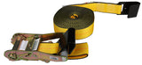 Kinedyne wide handle ratchet tie down strap in yellow with metal ratchet mechanism
